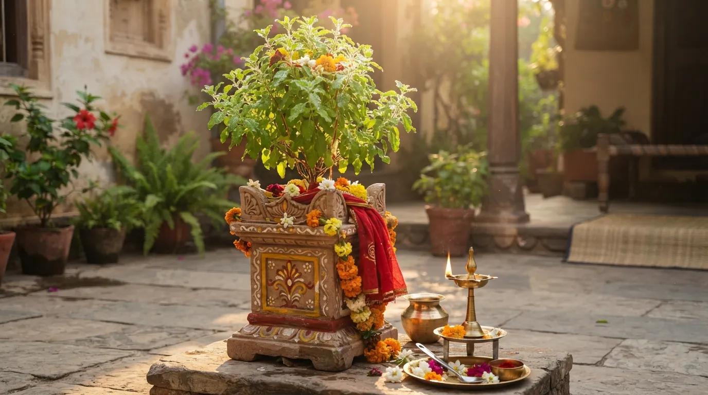 Sacred Tulsi plant with brass diya in soft morning light Saturday
