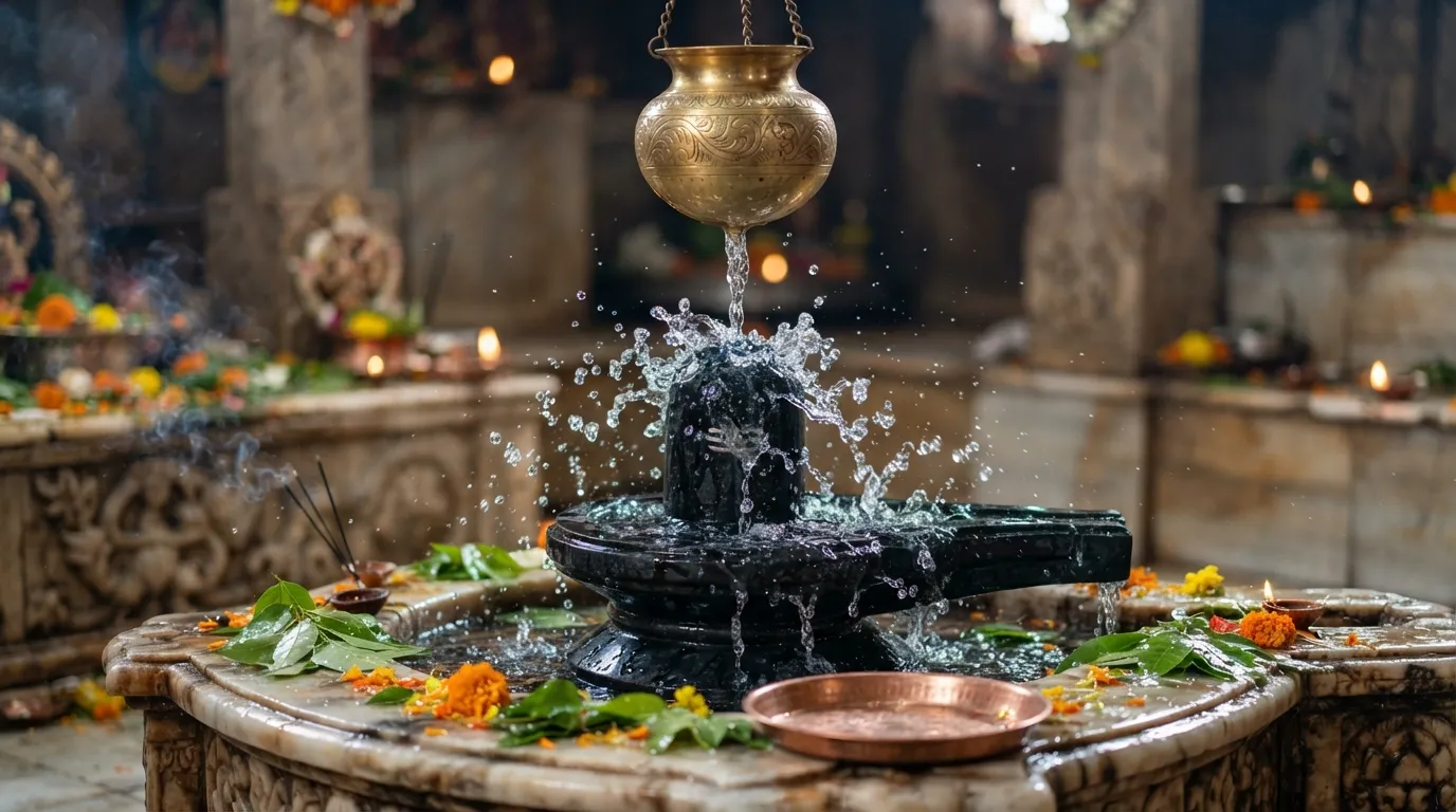 HD 3D shivling graphic image with water dropping on it during ritual abhishekam.