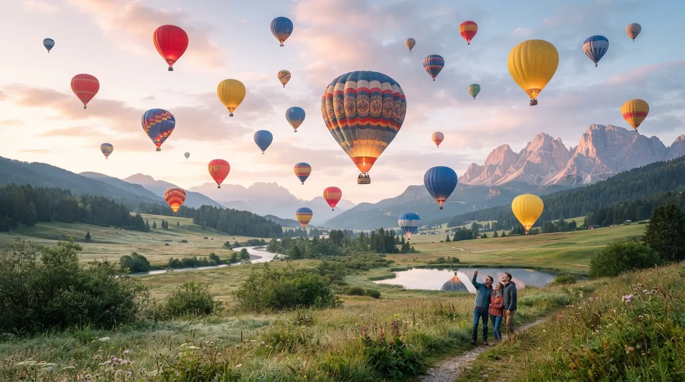 Colorful hot air balloons floating gently in sunrise pastel sky