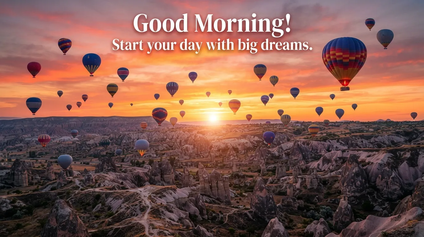Vibrant hot air balloons flying over a valley during a bright morning sunrise