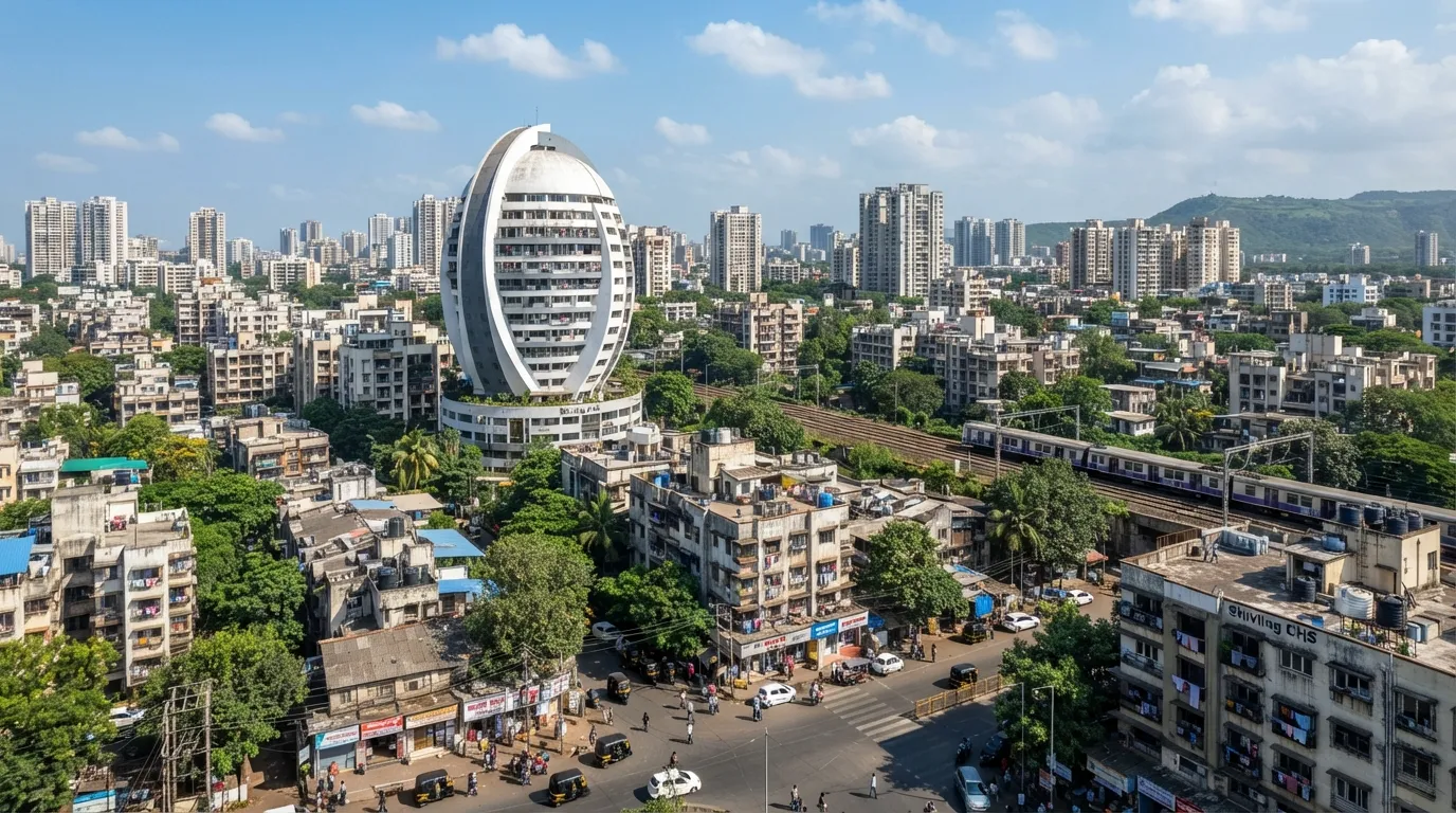 Wide city landscape showing the skyline of IC Colony with the Shivling Building as the main focus.