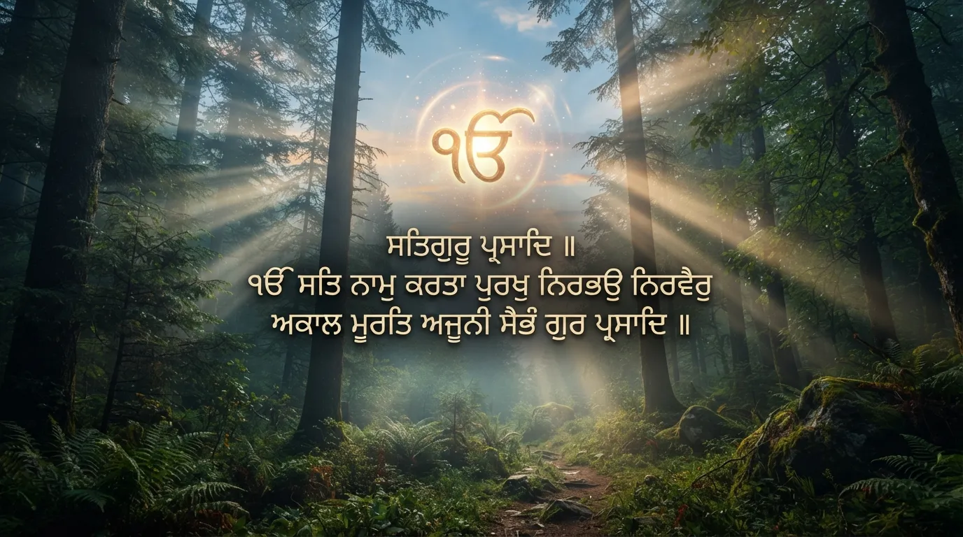 Bright morning sun rays shining through trees with Ik Onkar symbol and Gurbani text.