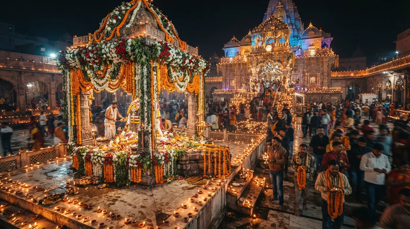 A grandly decorated Shivling illuminated with colorful festival lights and flowers during Maha Shivratri night.