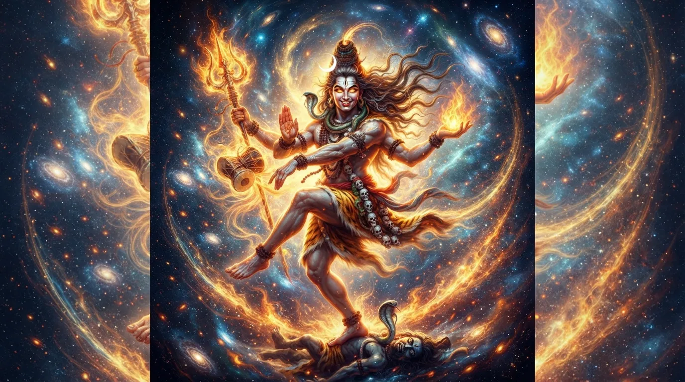 A modern artistic depiction of Lord Shiva performing the dynamic Rudra Tandava dance, surrounded by cosmic energy. *