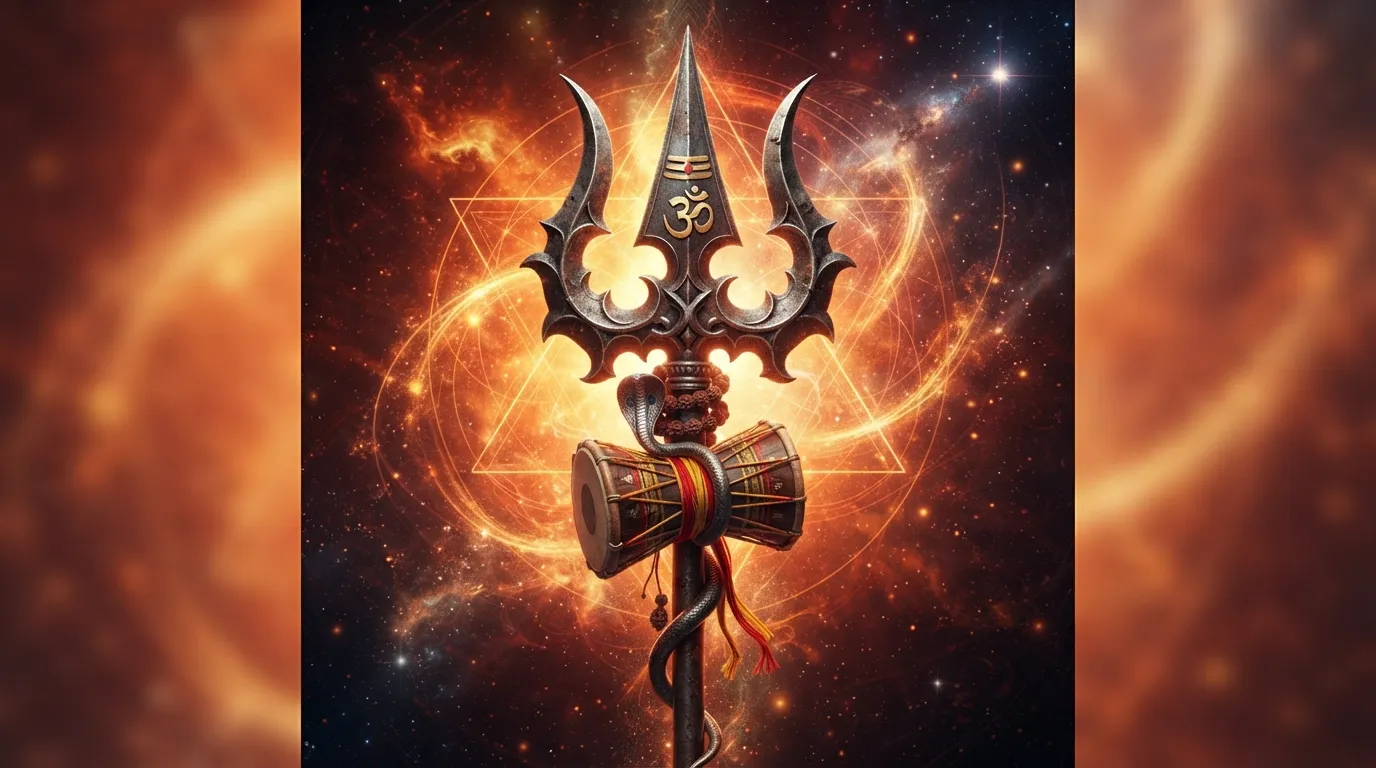 A powerful image focusing on Lord Shiva's sacred weapon, the Trishul (Trident), adorned with a damru and rudraksha beads against a fiery background. *