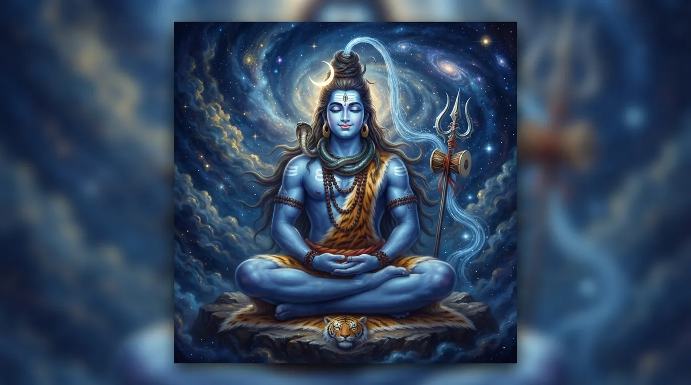 A beautiful artistic depiction of Lord Shiva in a peaceful meditative pose surrounded by shades of blue and gold.