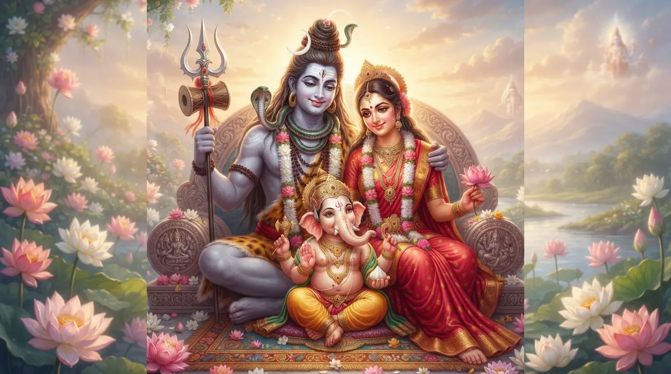 A peaceful and loving image of Lord Shiva, Goddess Parvati, and Lord Ganesha seated together in a celestial setting. *