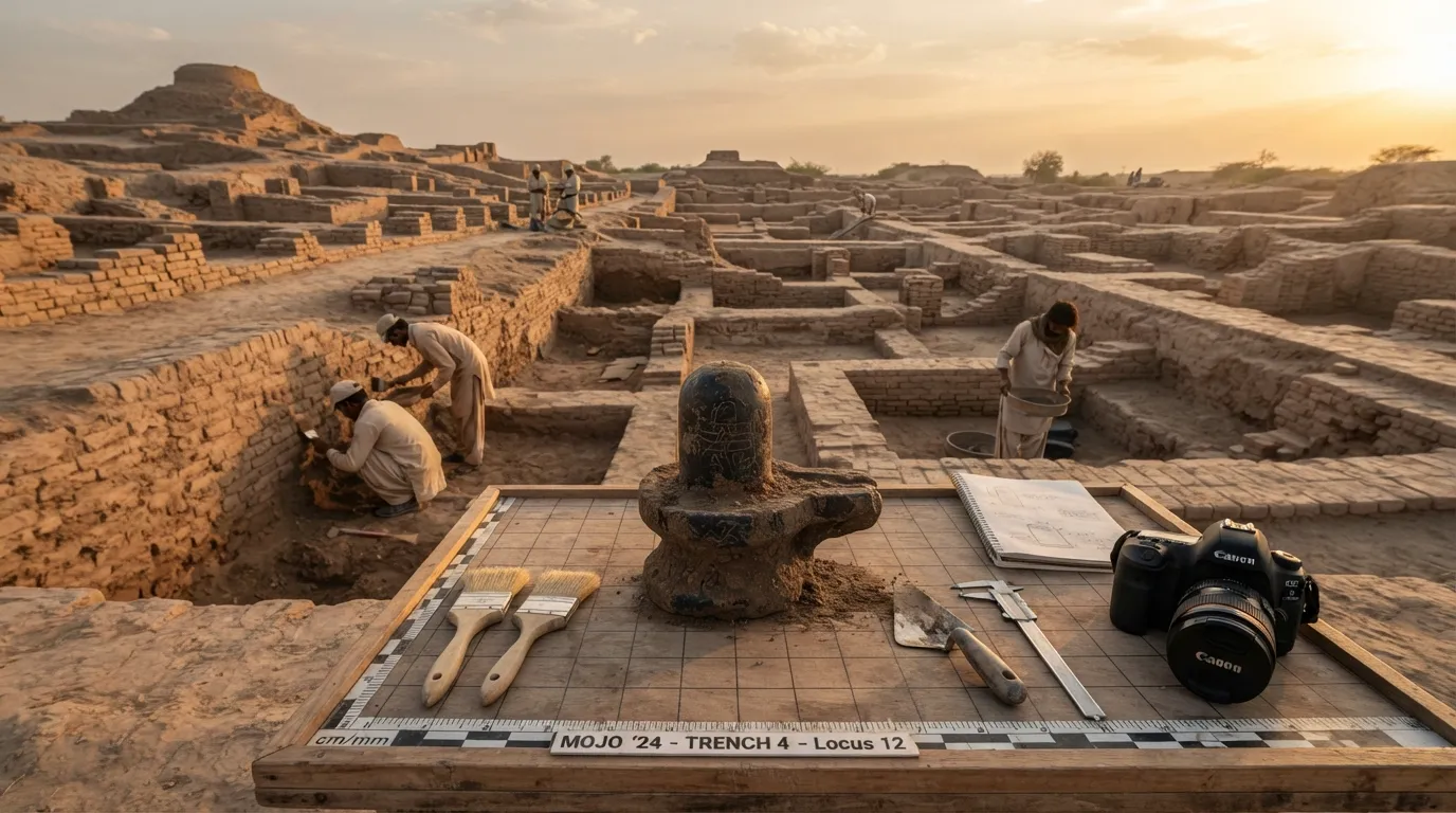 Archeological dig site at Mohenjo daro displaying ancient brick structures and found objects.