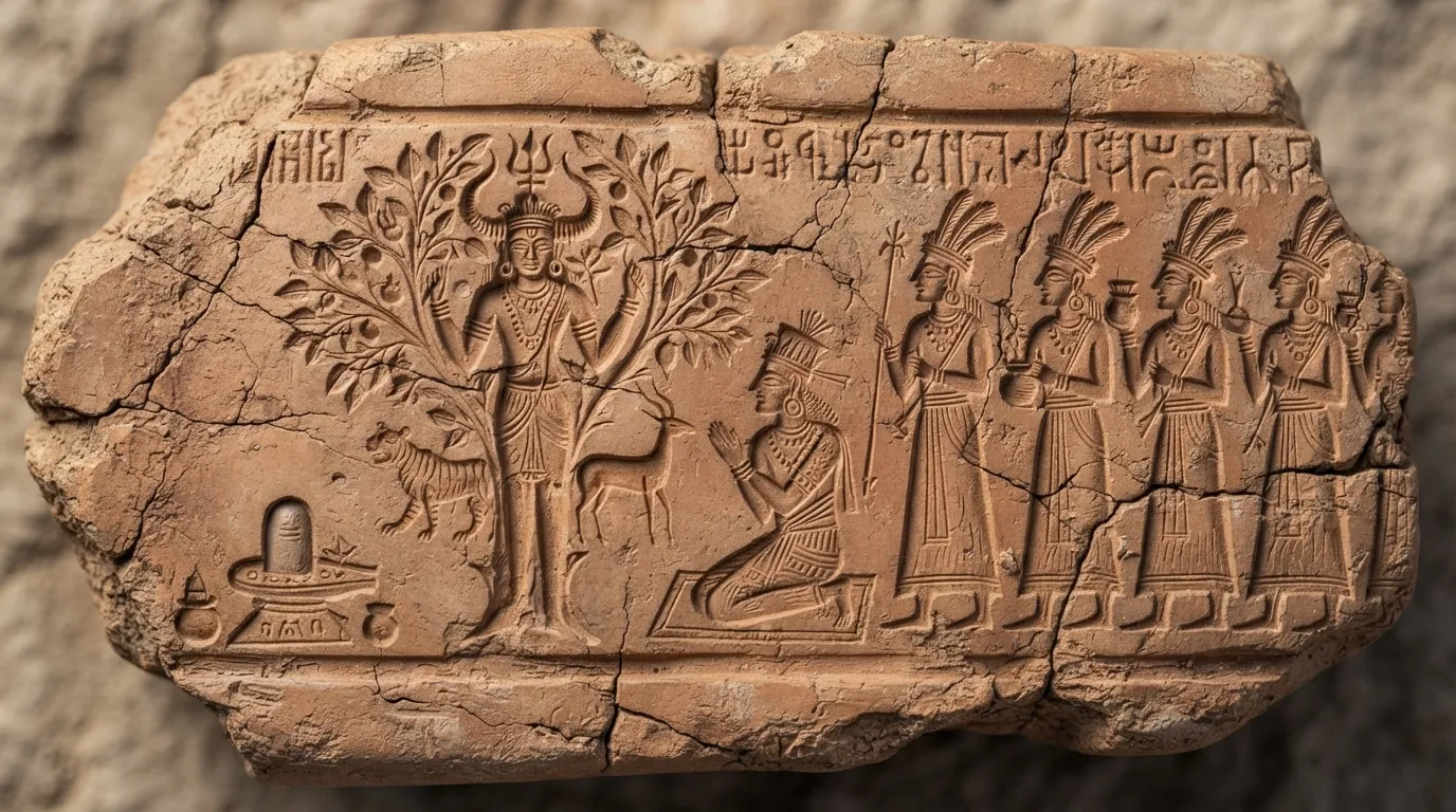Cylinder seal impression from Indus Valley showing a ritual gathering around a sacred tree and deity.