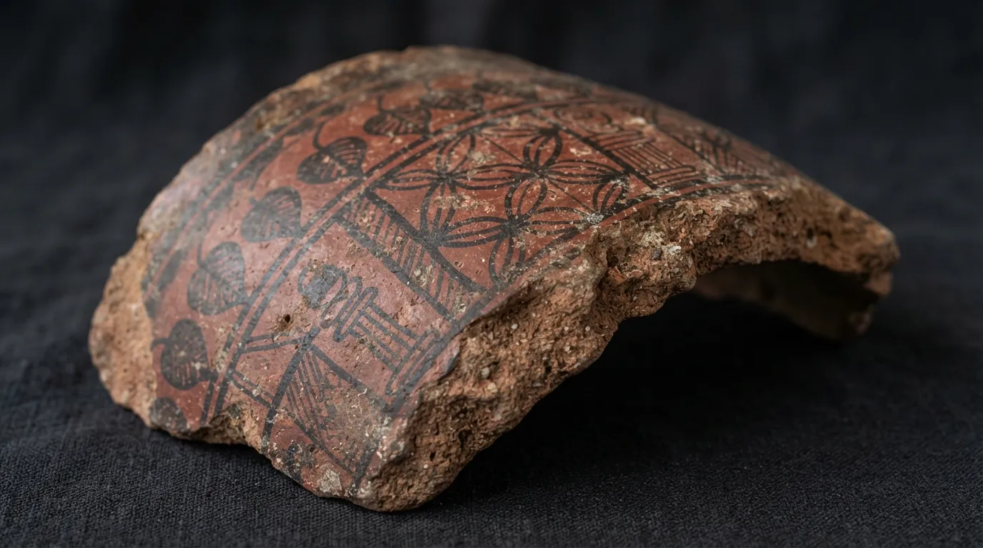 Painted terracotta pottery shard from Indus Valley with sacred tree leaves and abstract symbols.