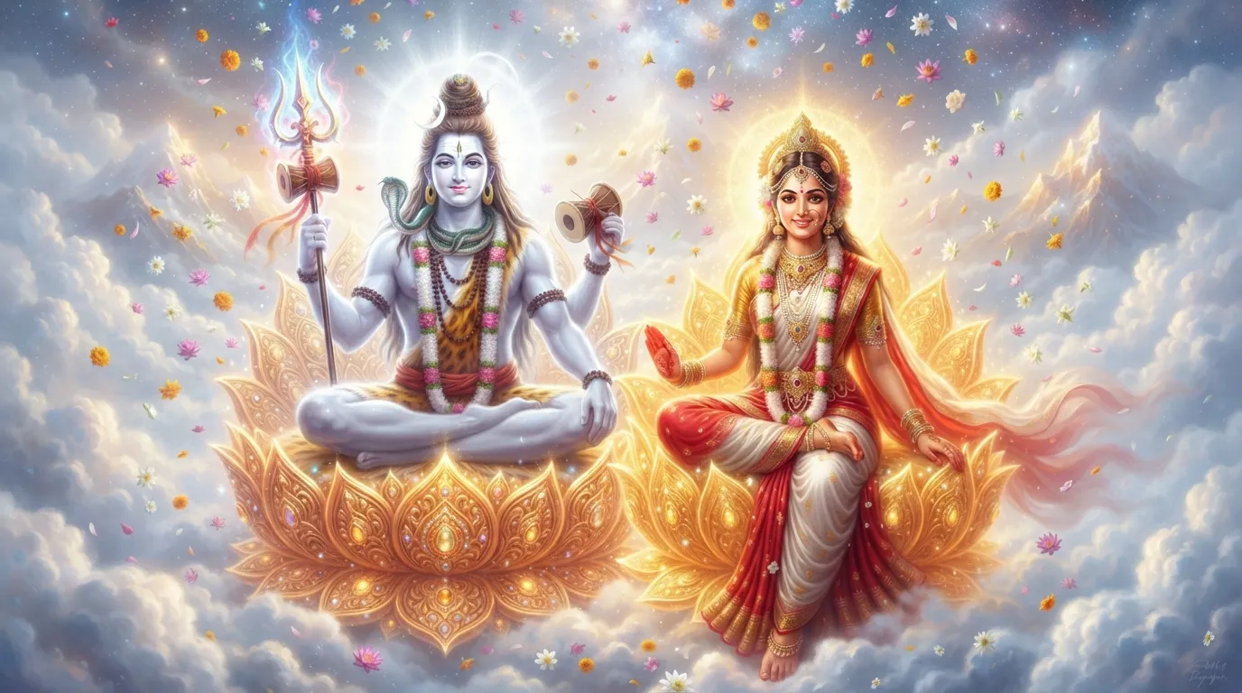 Lord Shiva and Goddess Parvati seated on glowing golden lotus thrones in a heavenly realm.