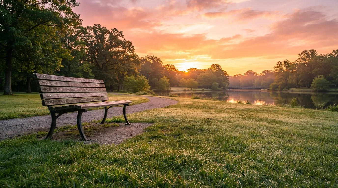 Beautiful golden sunrise over a park bench for friend good morning images
