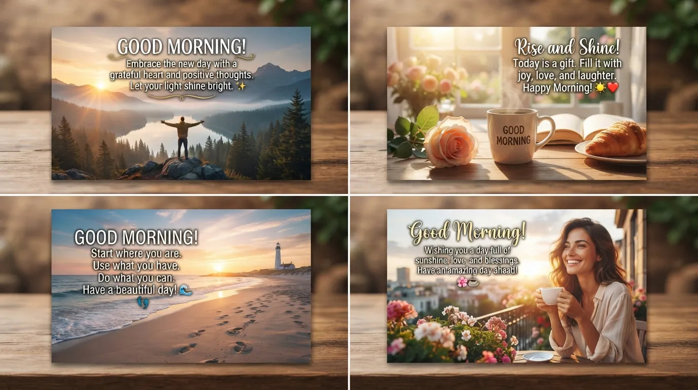 A beautiful morning sunrise with an inspirational good morning quote on a clean background.