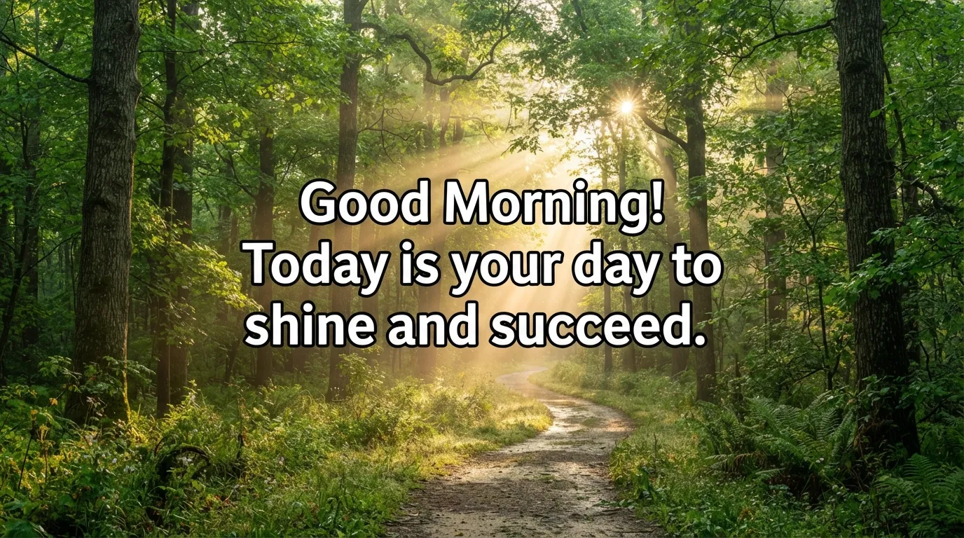 Sunbeams shining through a forest path with a motivational English morning quote.