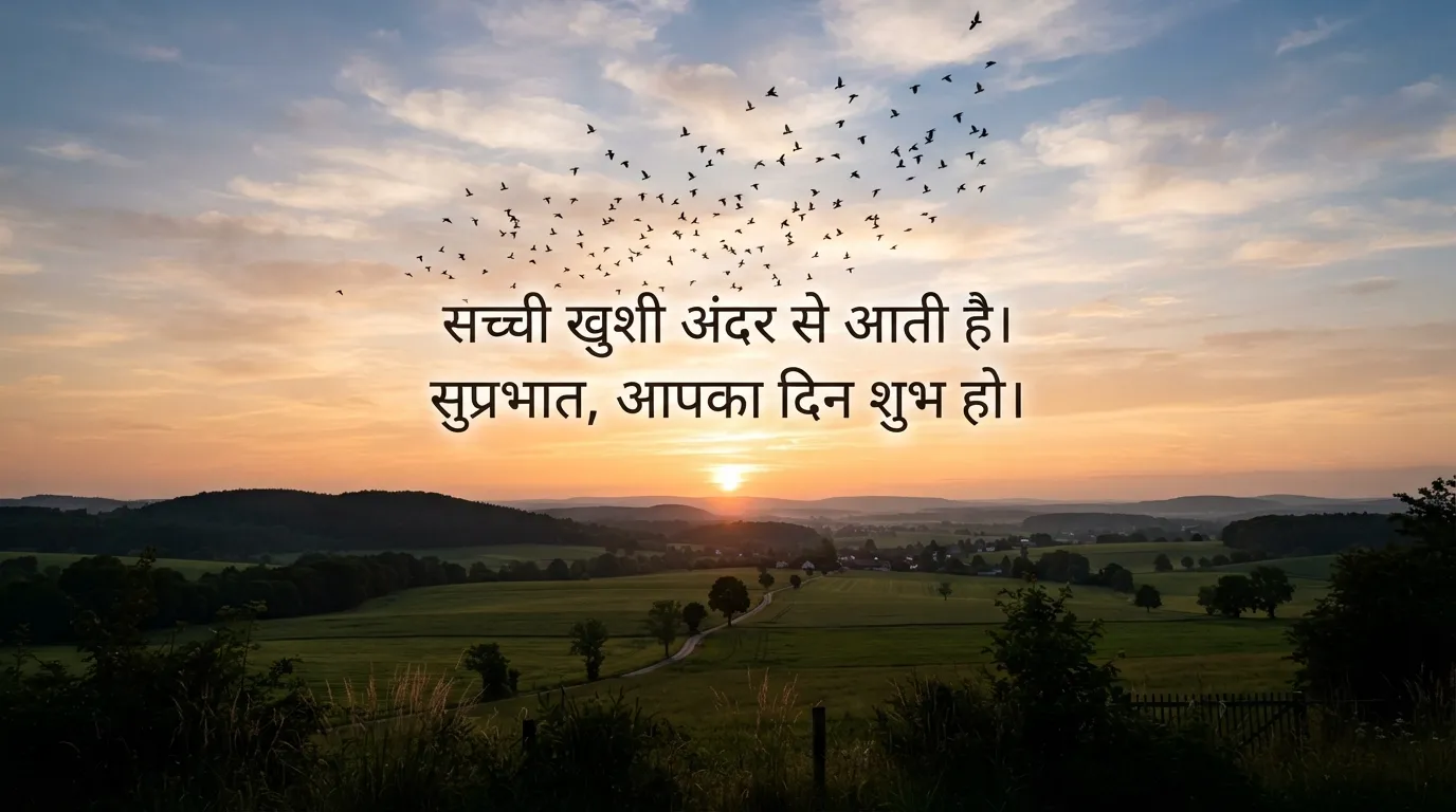 Flying birds in the morning sky with life quote in Hindi text.