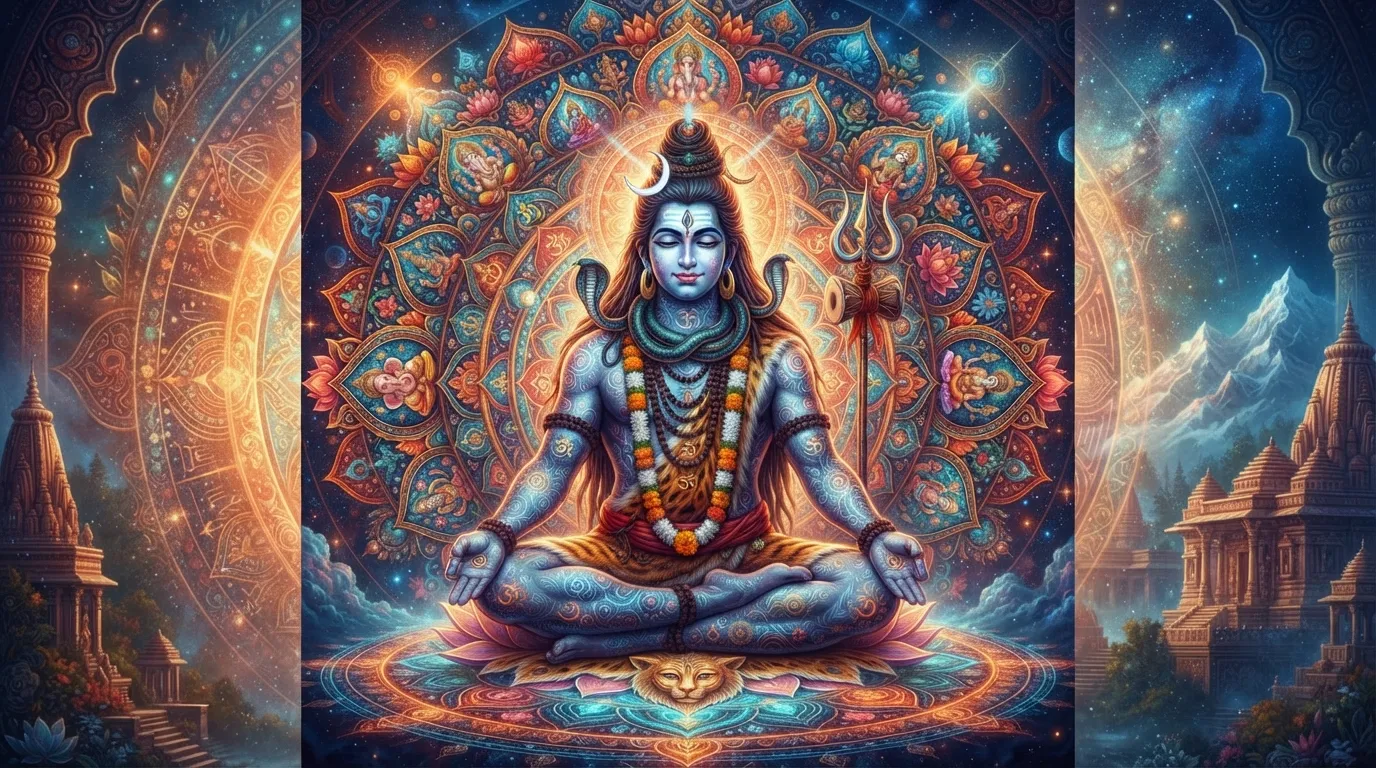A creative wallpaper photo Bholenath, combining a stylized illustration of Shiva with complex mandalas.