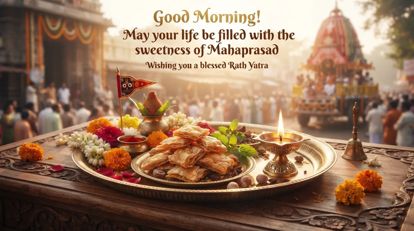 Sacred clay diya and traditional Khaja prasad of Jagannath temple with morning wishes.