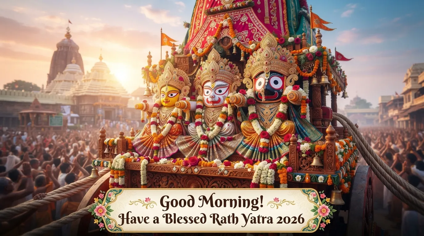 Lord Jagannath Balabhadra and Subhadra 2026 Rath Yatra image with Good Morning blessings.