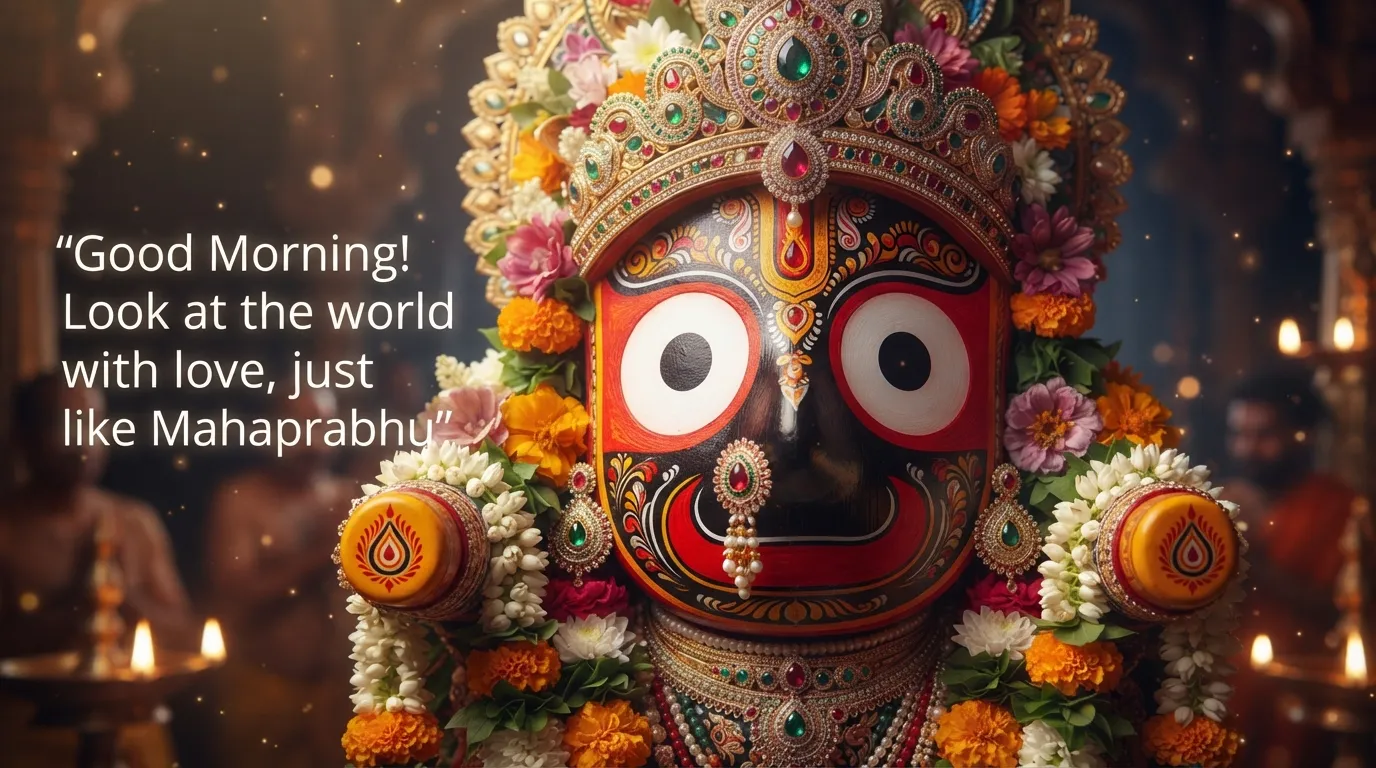 Artistic close up of Lord Jagannath large round eyes with morning greeting.