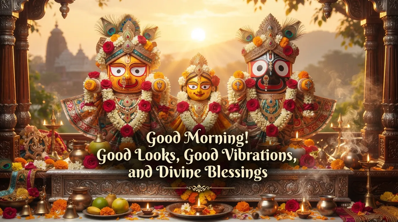 Lord Jagannath, Balabhadra, and Subhadra divine morning idol image with sunrise background.