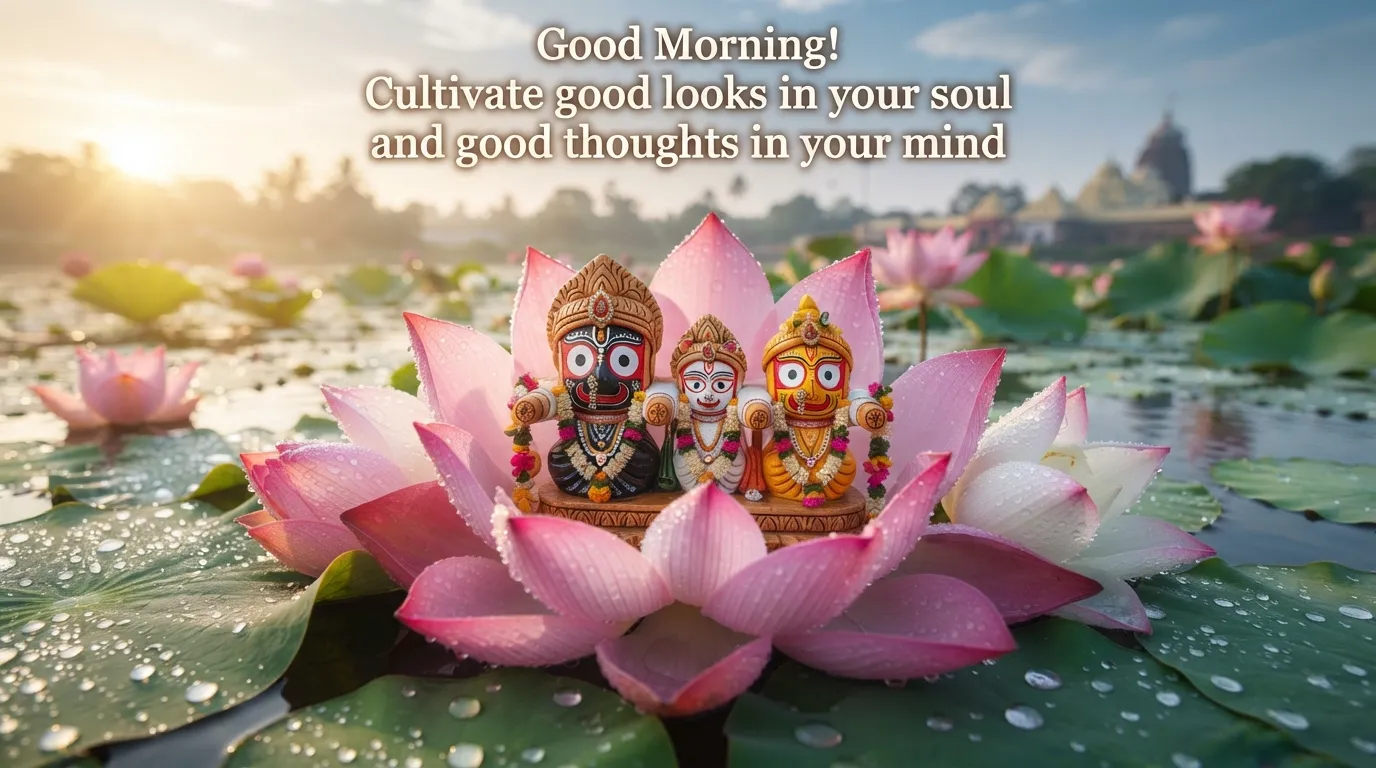 Lord Jagannath idol surrounded by fresh pink lotus flowers in morning light.