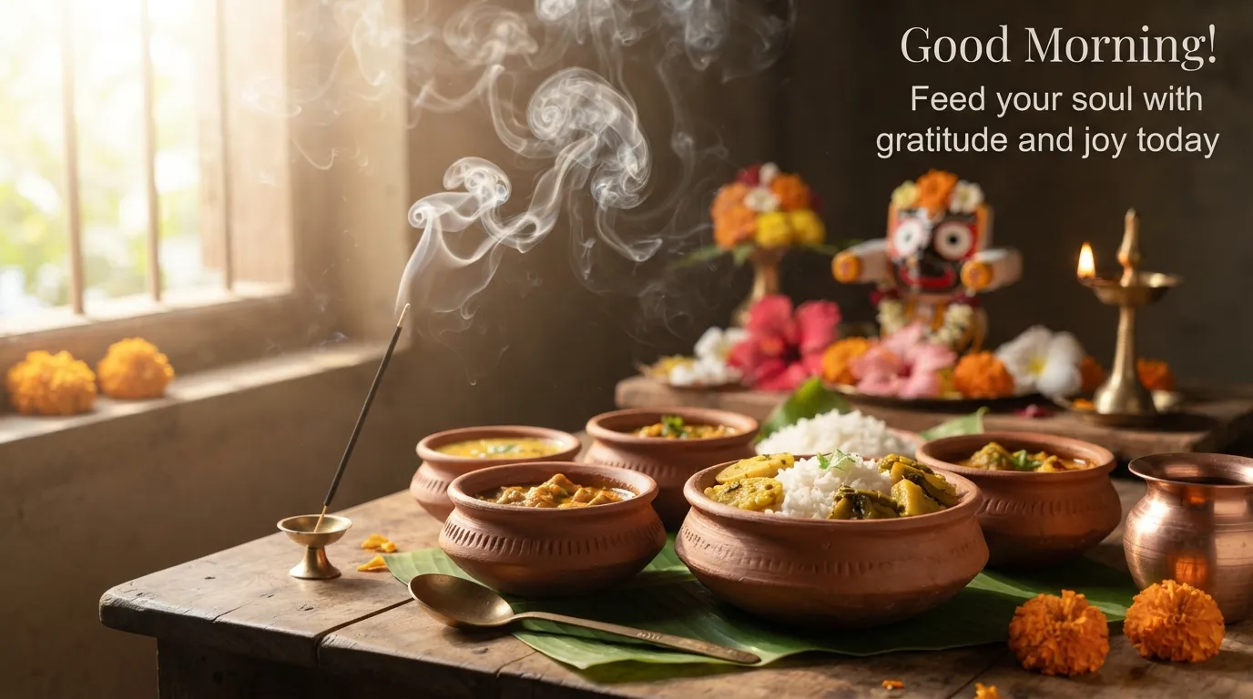 Holy Mahaprasad in earthen pots next to Lord Jagannath image with morning wish.