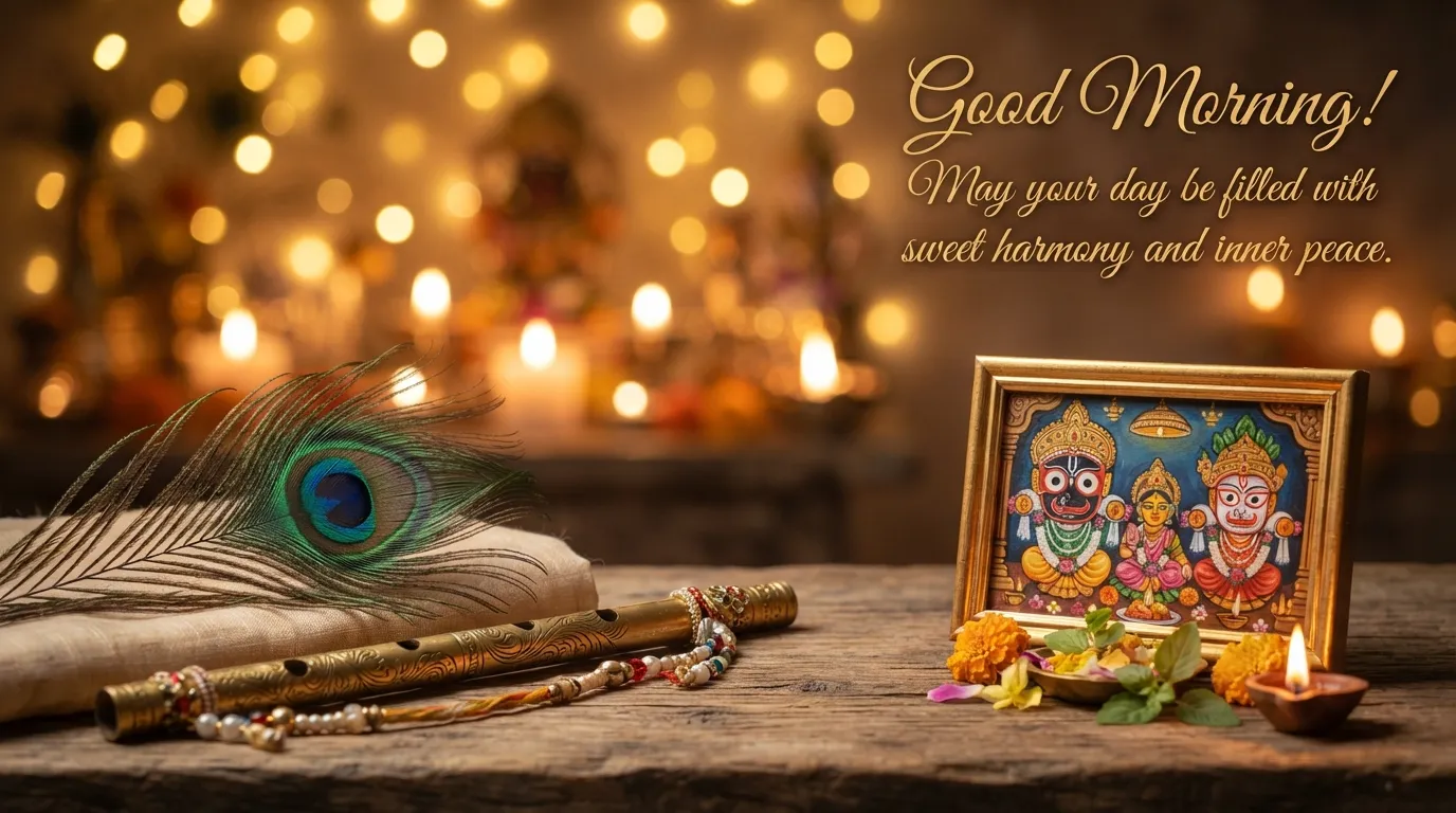 Spiritual morning background with Jagannath elements, peacock feather, and flute.