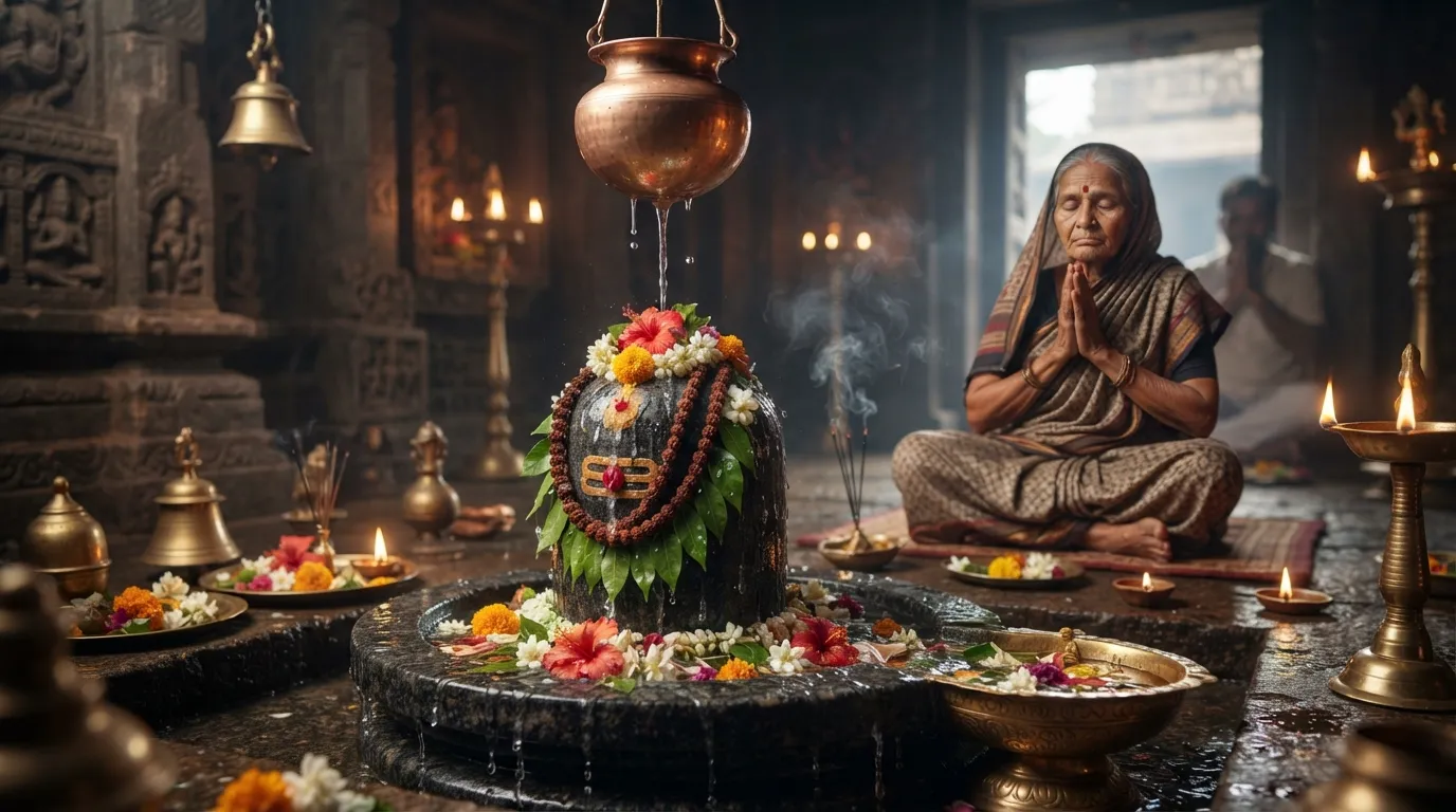 Ek Bholenath Shivling jis par pani ki dhara gir rahi hai.