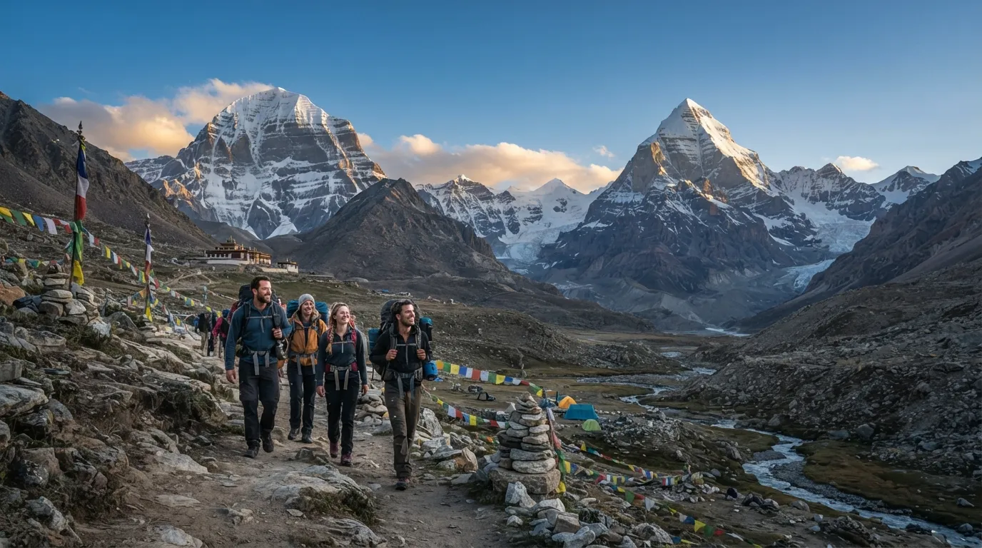 A trekker looking towards Shivling and Mount Kailash from a mountain path.