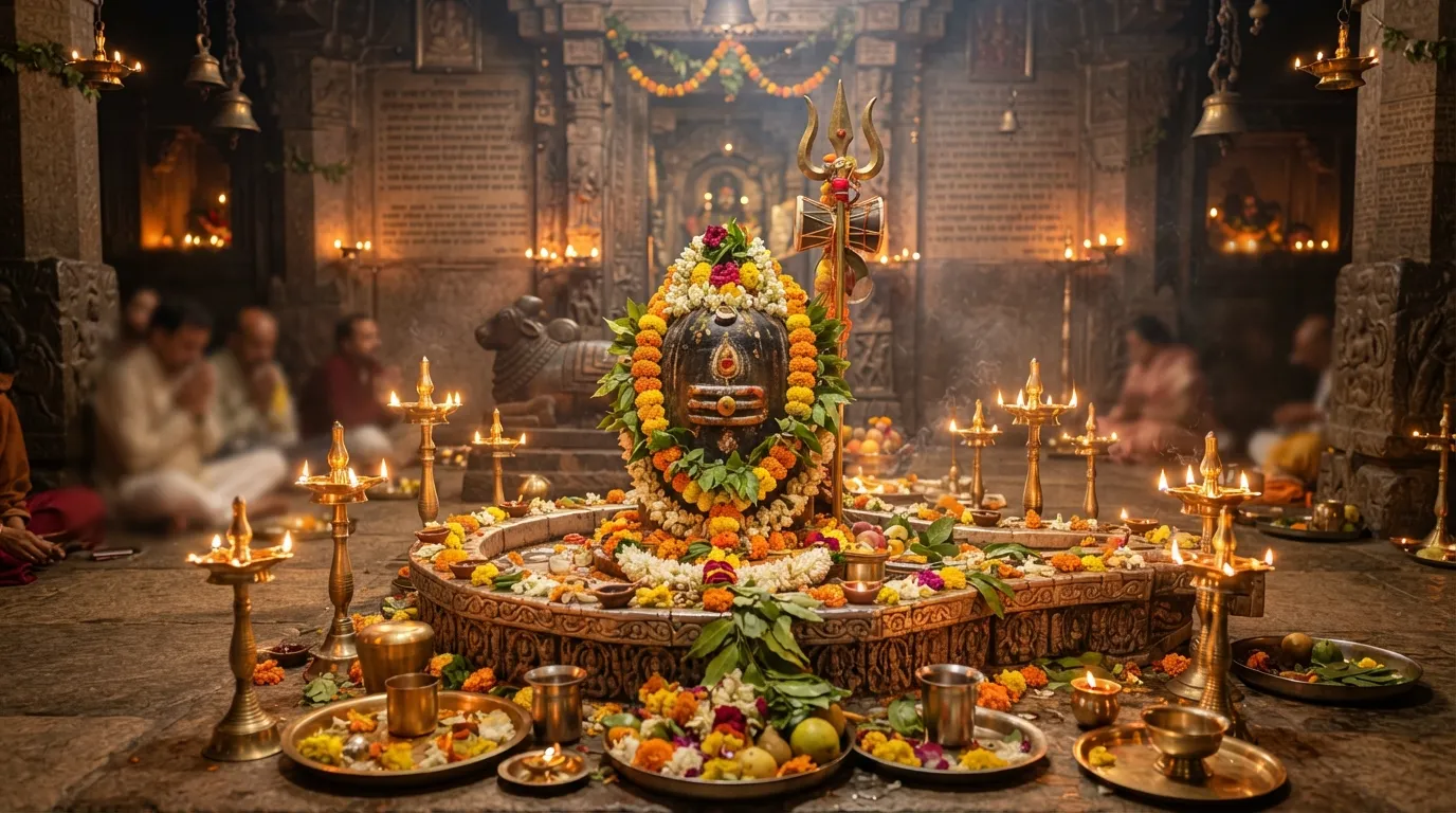 Ek mandir mein deepakon se prakashit Bholenath Shivling.
