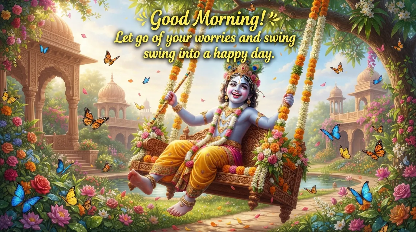 Lord Krishna sitting on a beautifully decorated flower swing smiling.