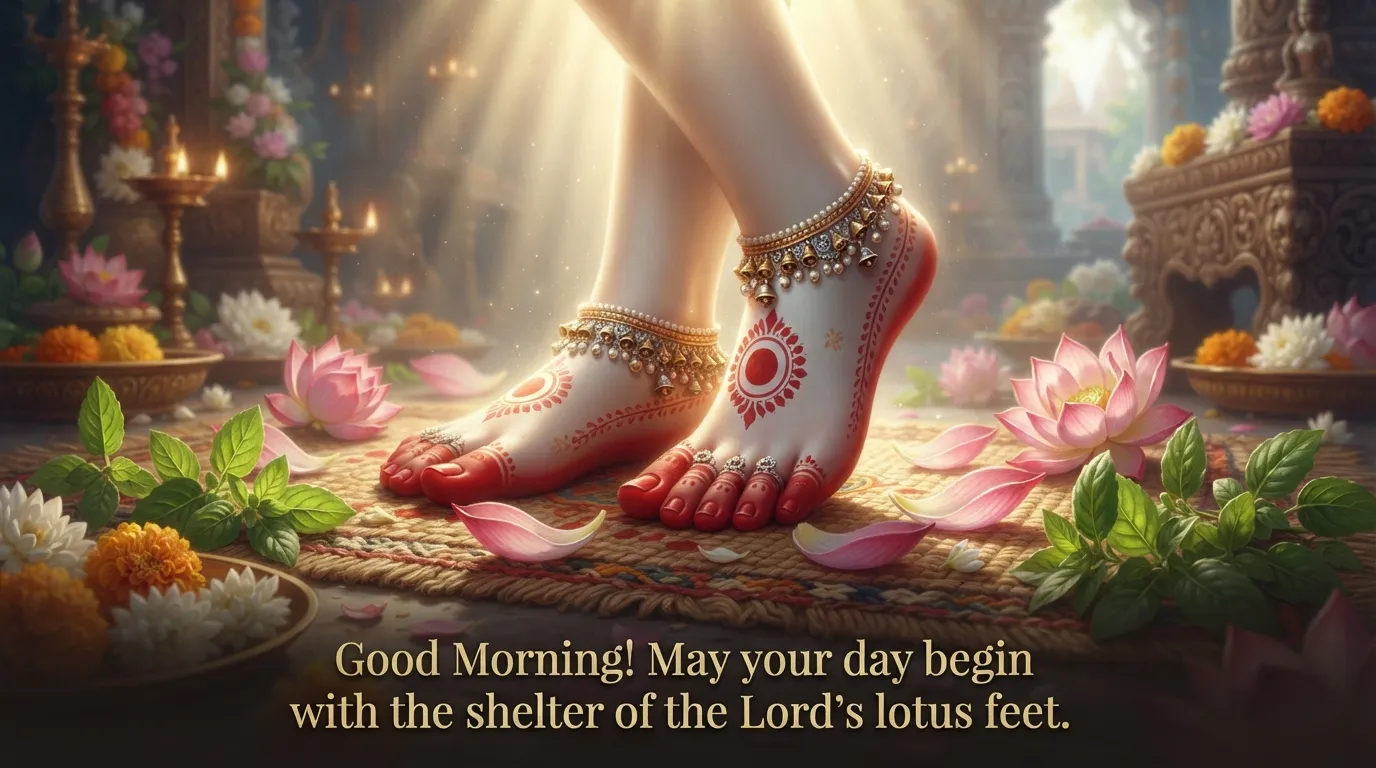 Artistic representation of Lord Krishna's holy lotus feet decorated with flowers.