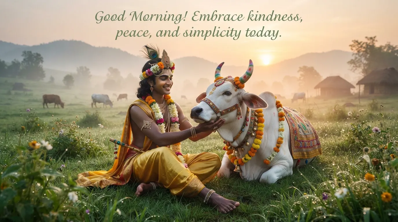 Lord Krishna gently patting a white cow in a misty pasture at dawn.