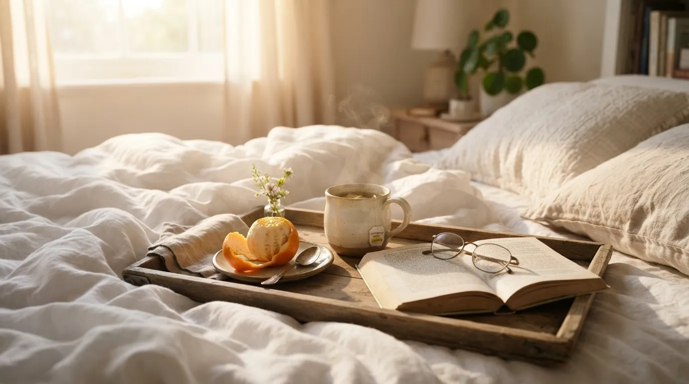 Soft white bed sheets, a book, and a mug of tea under warm morning sunlight.