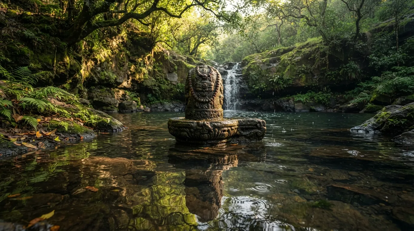 This image captures the intricate play of light and shadow on the Rajmachi Shivling in water.