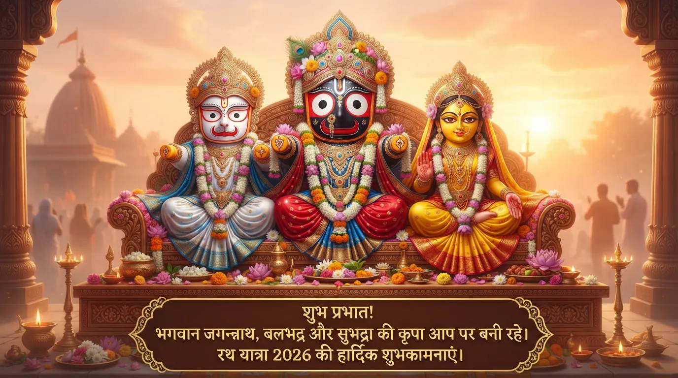 Hindi Good Morning wishes image featuring Lord Jagannath, Balabhadra, and Subhadra deities for Rath Yatra 2026.