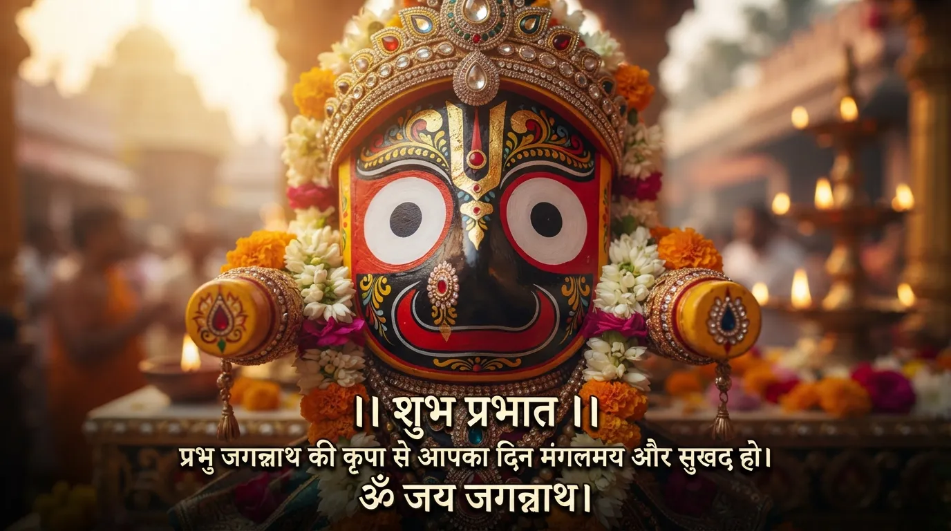 Beautiful close-up image of Lord Jagannath face with Hindi Subh Prabhat Ratha Yatra wishes.