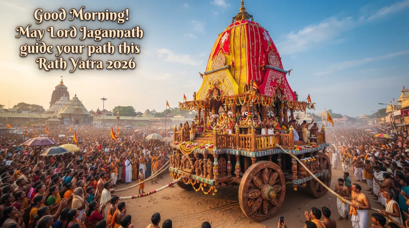 Lord Jagannath's grand chariot Nandighosa decorated for Rath Yatra 2026 with morning wishes.