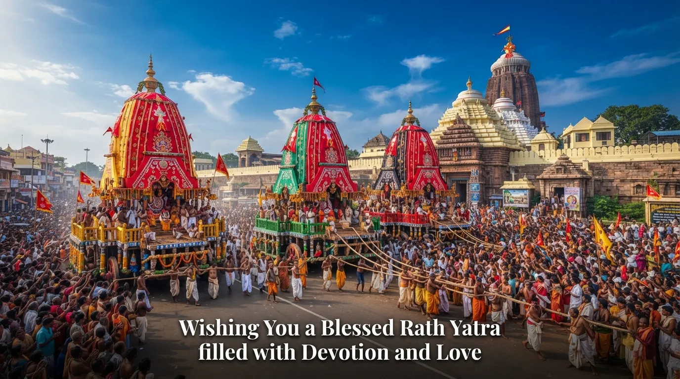 Three traditional chariots of Rath Yatra decorated with flowers