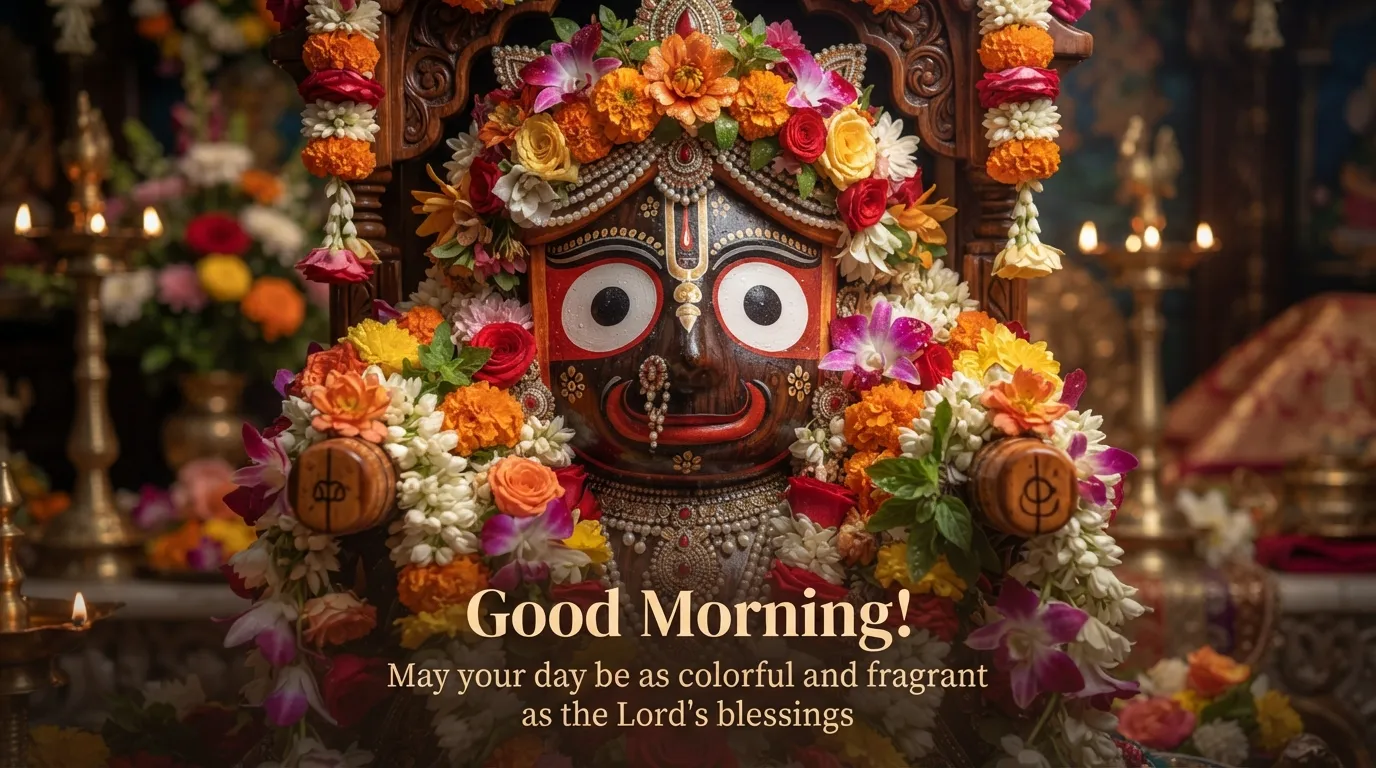 Close-up of decorated Lord Jagannath idol with morning wishes for Rath Yatra.