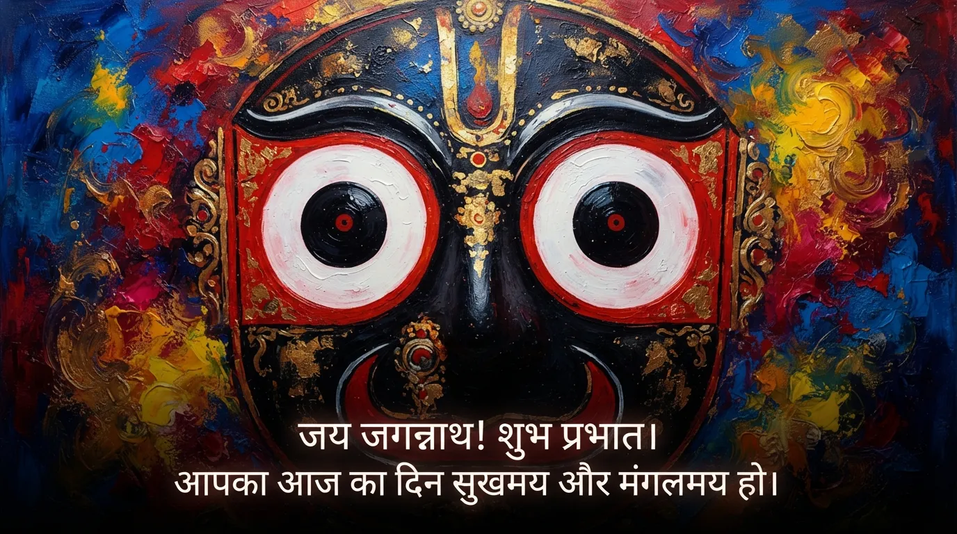 Artistic close-up of Lord Jagannath's large round eyes with Hindi Good Morning quotes.
