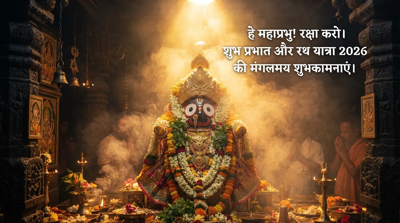 Divine idols of Lord Jagannath glowing in holy golden temple light with Hindi quotes.