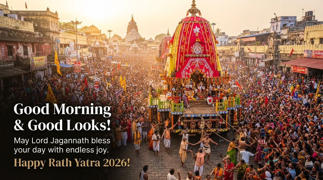 Lord Jagannath grand chariot Nandighosha during Puri Rath Yatra 2026 with Good Morning wishes.