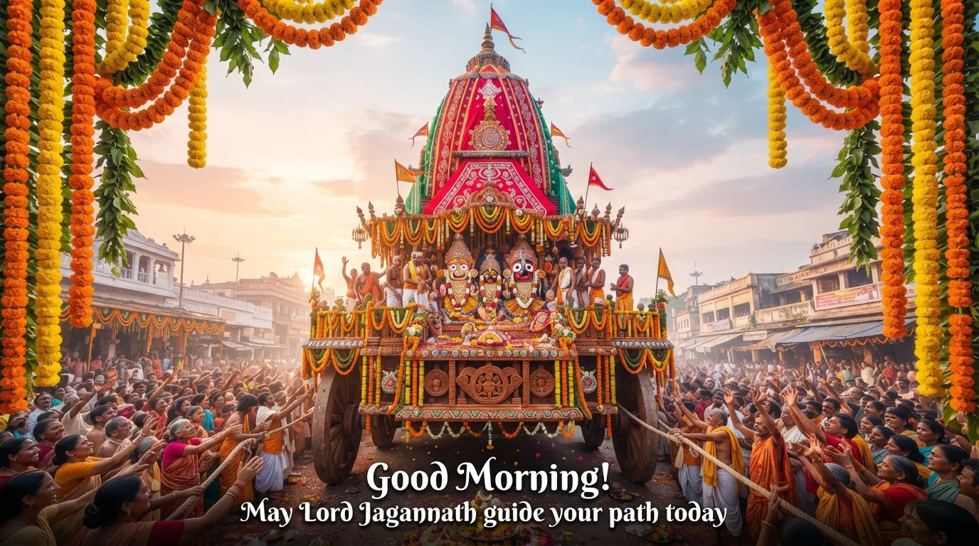 Beautiful morning view of Lord Jagannath chariot with inspirational quote.