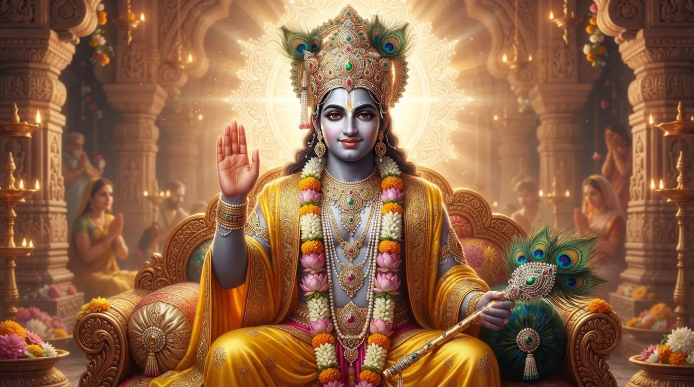Lord Krishna giving divine blessings good morning background wallpaper