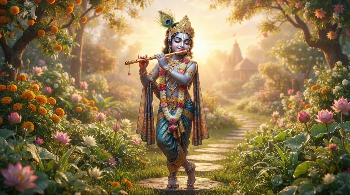 Lord Krishna playing flute in a garden good morning image
