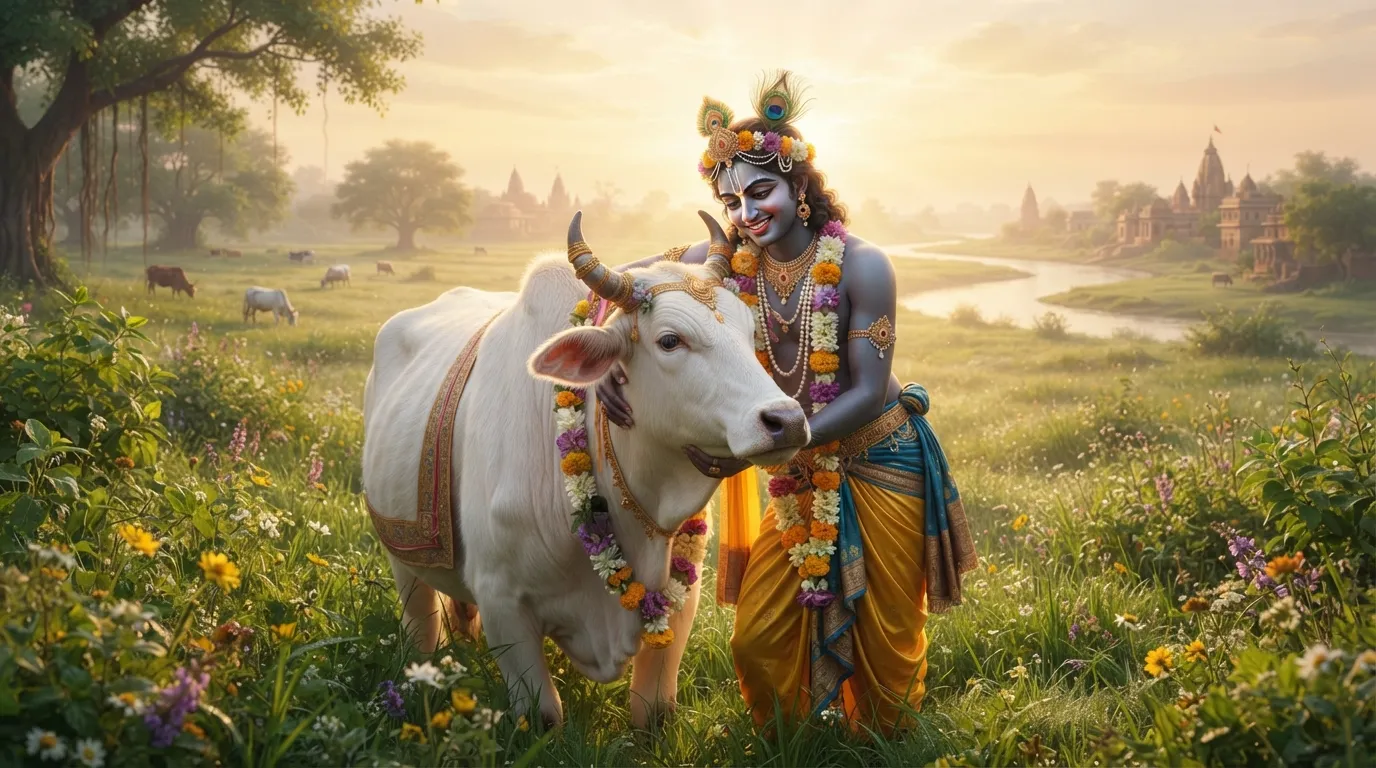 Lord Krishna standing with Kamadhenu cow in morning sunlight