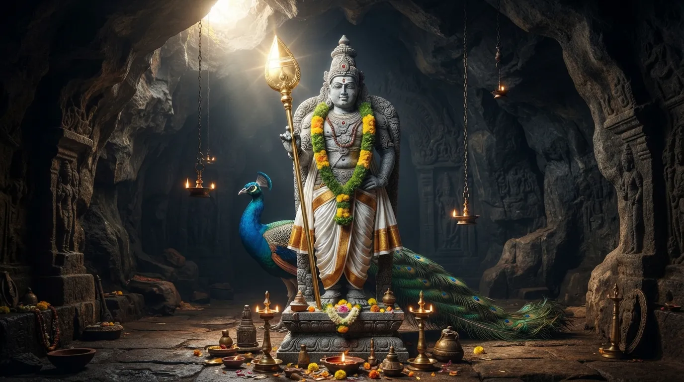 A stone sculpture of Lord Murugan standing with a large spear and a majestic peacock resting quietly behind the deity in a sacred cave temple.