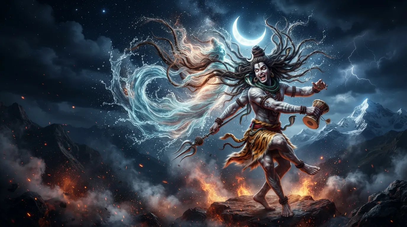 Detailed view of Lord Nataraja's flying matted hair with Ganga and crescent moon.