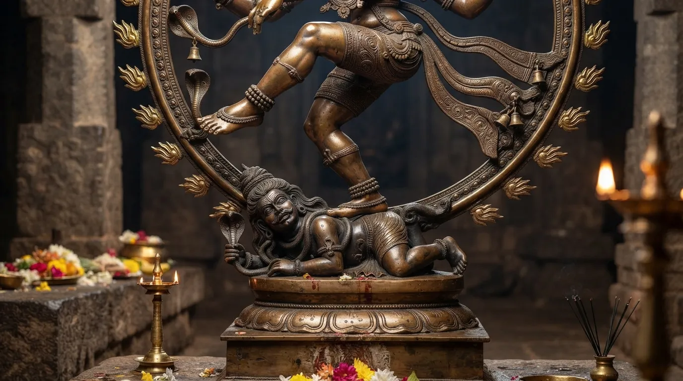 Lord Nataraja's foot trampling the dwarf demon Apasmara representing ignorance.